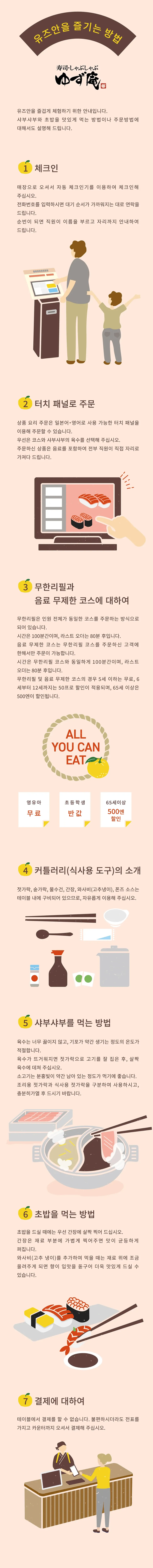 유즈안을 즐겁게 체험하기 위한 안내입니다. 샤부샤부와 초밥을 맛있게 먹는 방법이나 주문방법에 대해서도 설명해 드립니다.